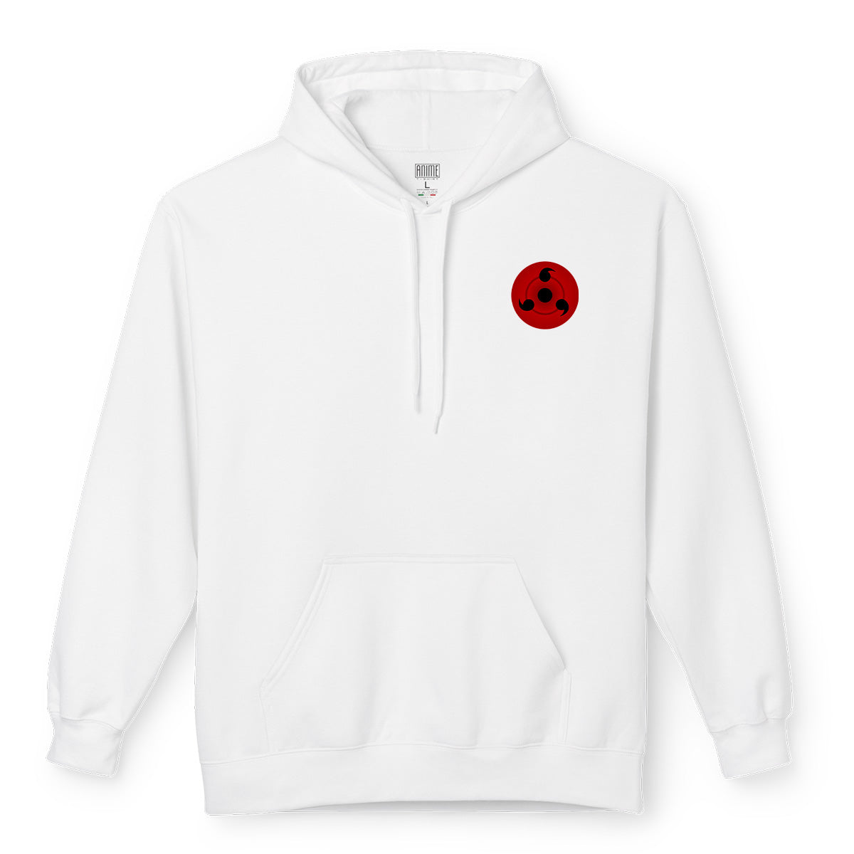 Felpa con cappuccio Bianca Serie Manga Naruto Shippuden - Itachi Uchiha e sharingan con tasca frontale Anime T-shirt - Fronte