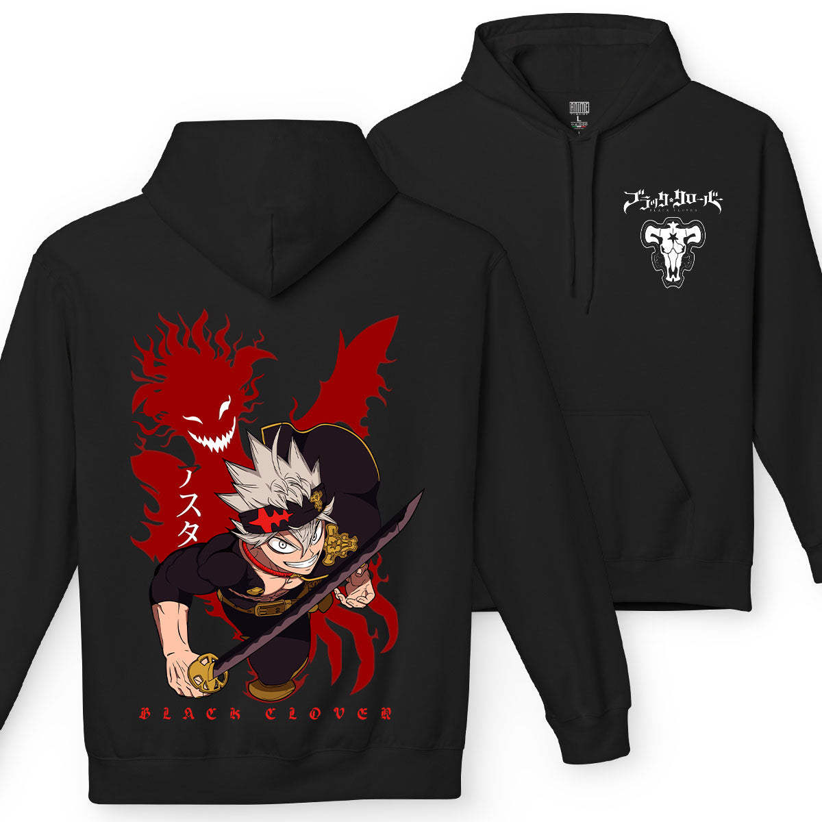Felpa con cappuccio nera Serie MangaBlack Clover - Asta Toro Nero con tasca frontale Anime T-shirt - Fronte e Retro