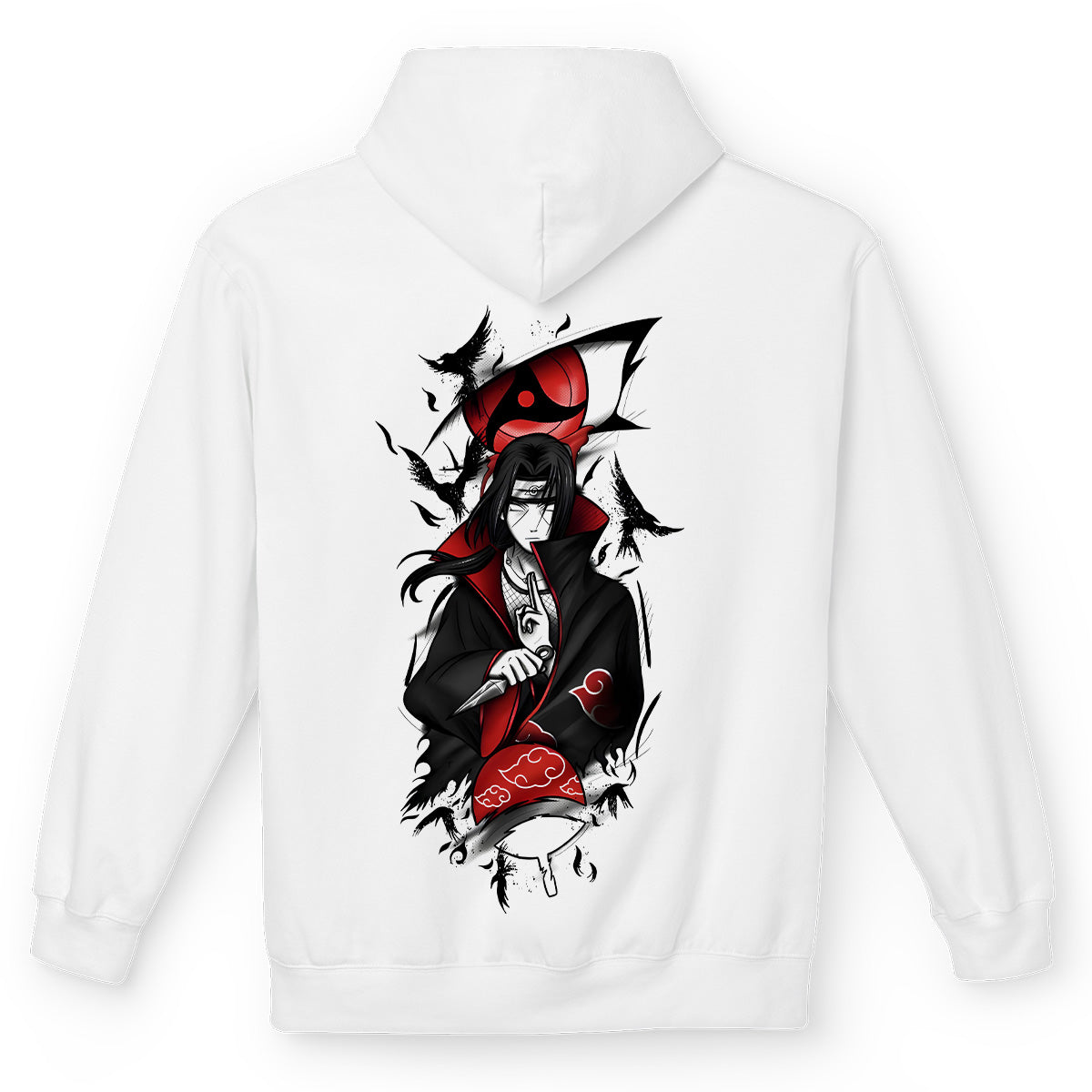 Felpa con cappuccio Bianca Serie Manga Naruto Shippuden - Itachi Uchiha e sharingan con tasca frontale Anime T-shirt - Retro