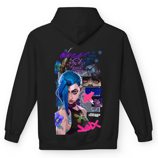 Felpa con cappuccio nera Serie Arcane League of Legends Jinx con tasca frontale Anime T-shirt - Retro