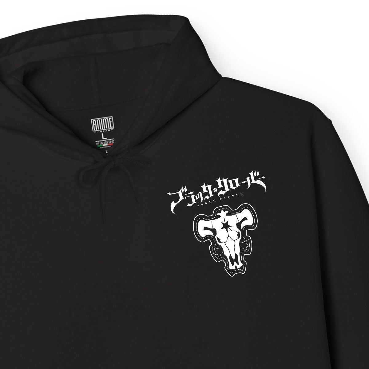 Felpa con cappuccio nera Serie MangaBlack Clover - Asta Toro Nero con tasca frontale Anime T-shirt - Dettaglio