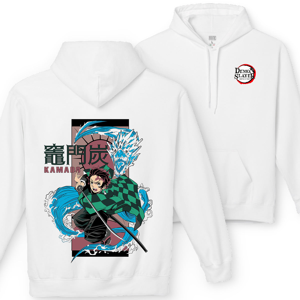 Felpa con cappuccio Bianca Serie Manga Deamon Slayer - Tanjiro con Drago Blu acqua e logo con tasca frontale Anime T-shirt  - Fronte e Retro