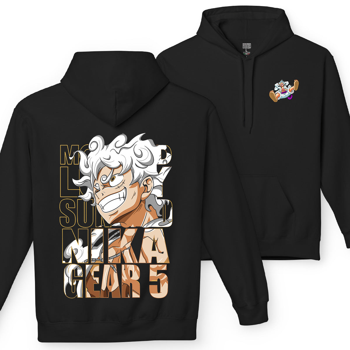 Felpa con cappuccio Nera Serie Manga One Piece -Luffy Gear Five 5 - Monkey D. Rufy con tasca frontale - Fronte e Retro