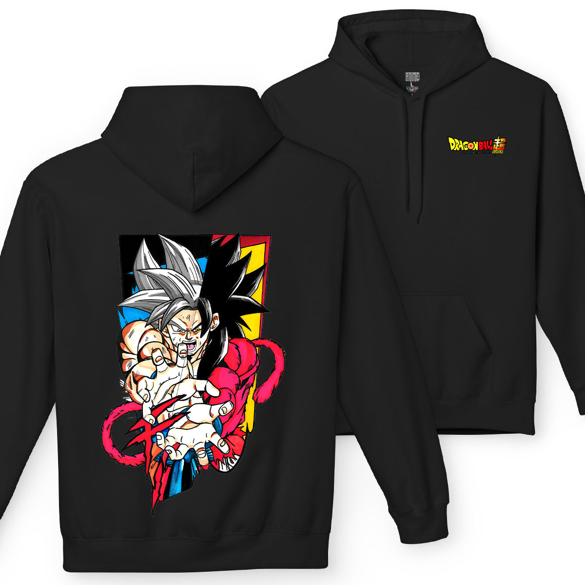 Felpa con cappuccio Nera Serie Manga Dragon ball z - Super Goku e logo con tasca frontale Anime T-shirt - Fronte e Retro