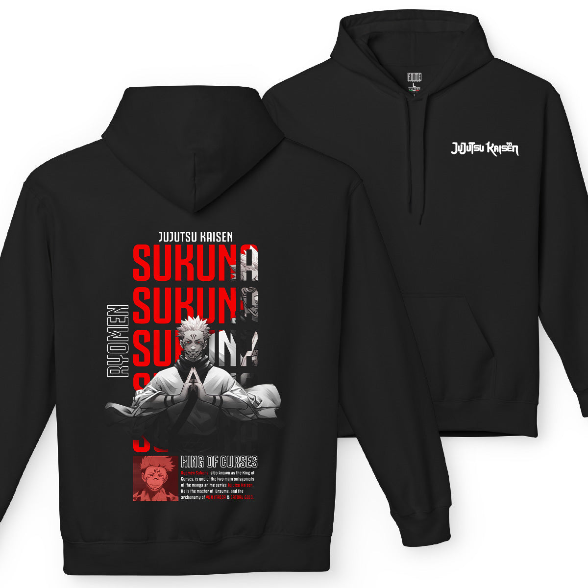 Felpa con cappuccio nera Serie Manga Jujutsu Kaisen - Sukuna Ryomen con tasca frontale Anime T-shirt - Retro e Retro