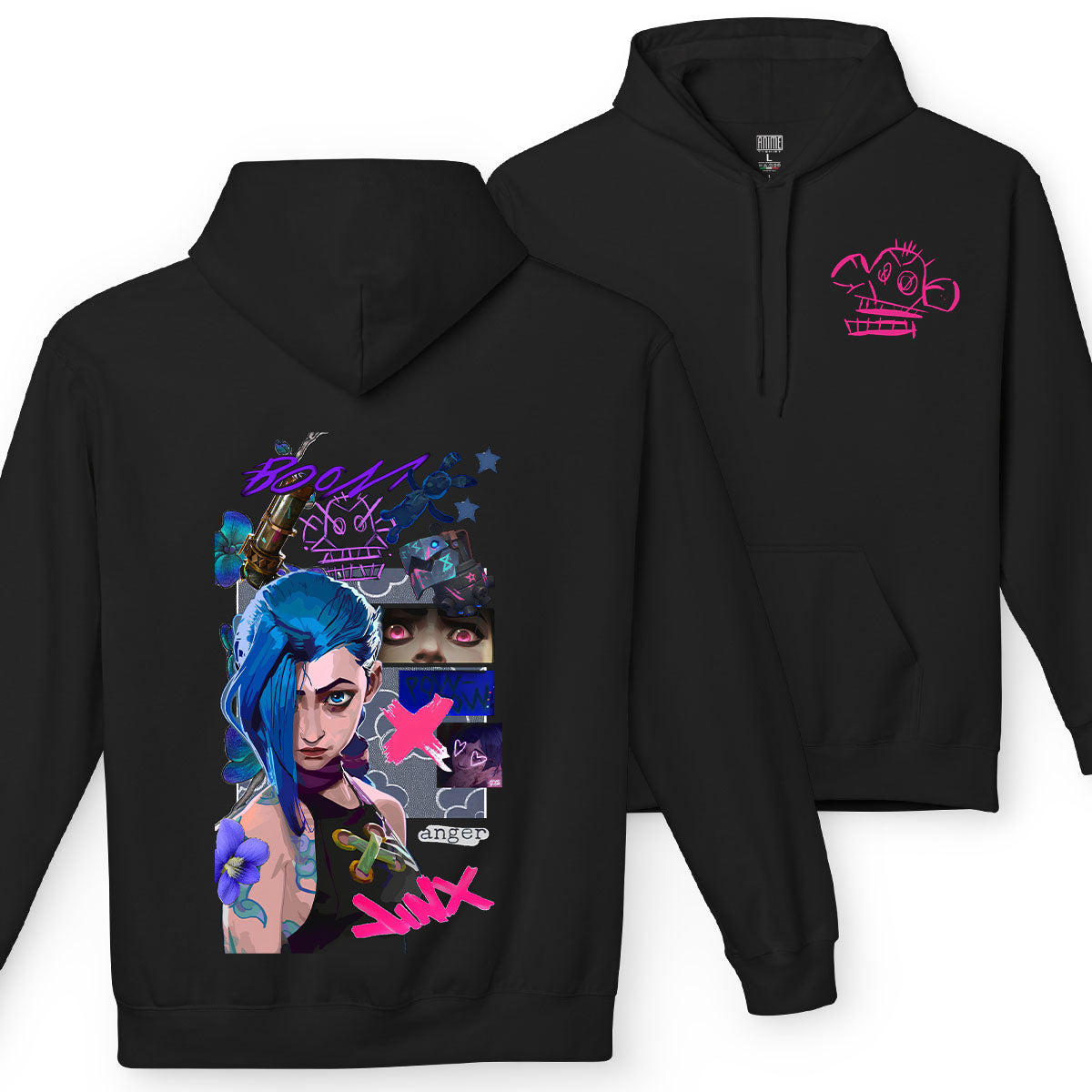 Felpa con cappuccio nera Serie Arcane League of Legends Jinx con tasca frontale Anime T-shirt - Fronte e retro