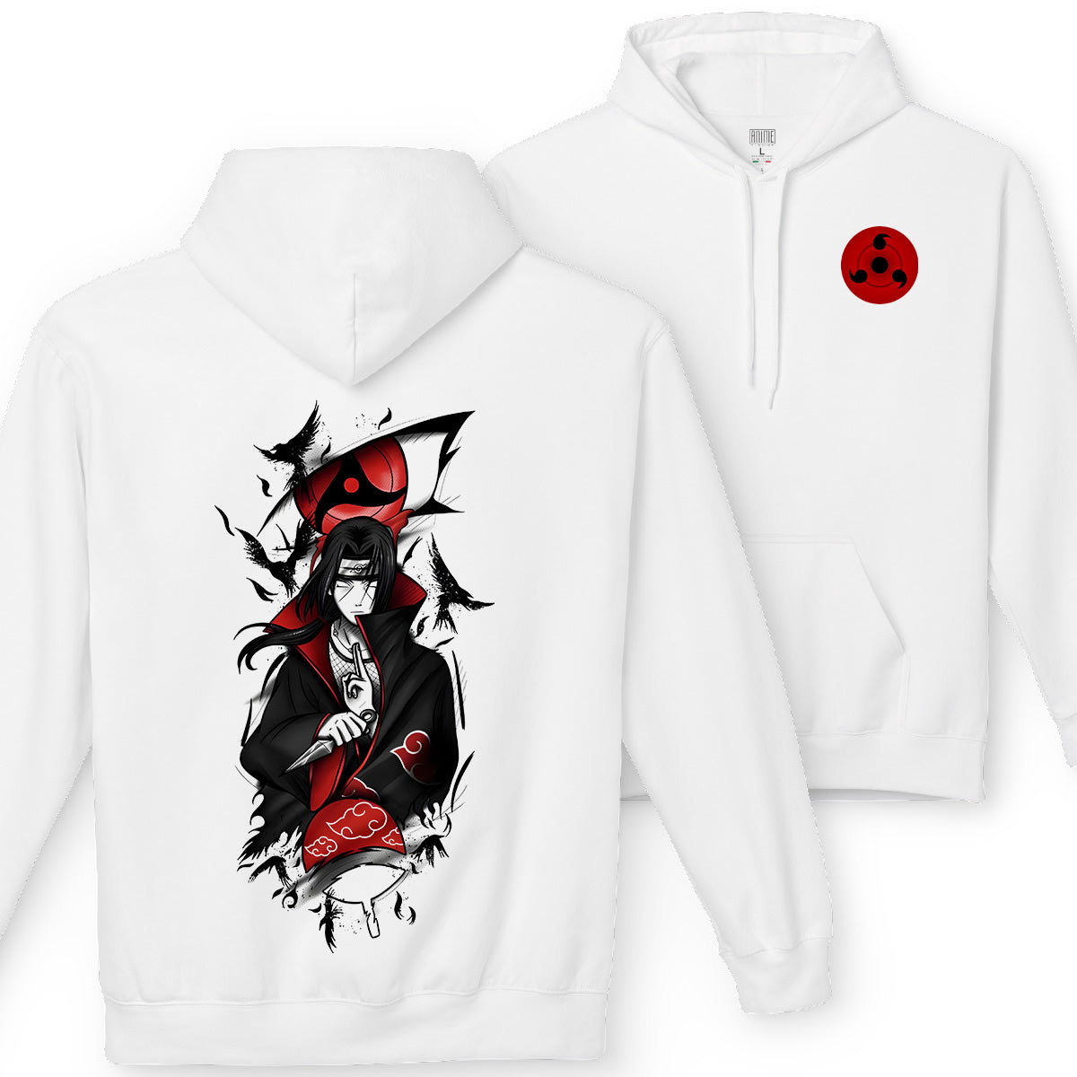 Felpa con cappuccio Bianca Serie Manga Naruto Shippuden - Itachi Uchiha e sharingan con tasca frontale Anime T-shirt - Fronte e Retro