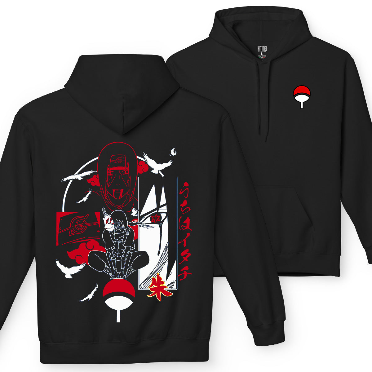 Felpa con cappuccio Nera Serie Manga Naruto Shippuden - Itachi Uchiha e logo con tasca frontale - Fronte e Retro