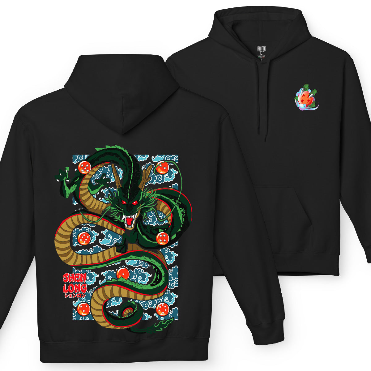 Felpa con cappuccio Nera Serie Manga Dragon ball z - Drago Shenron e Sfera del drago 4 Stelle con tasca frontale Anime T-shirt  - Fronte e Retro