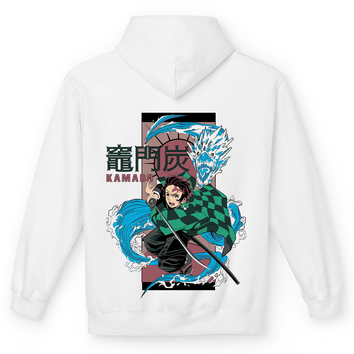 Felpa con cappuccio Bianca Serie Manga Deamon Slayer - Tanjiro con Drago Blu acqua e logo con tasca frontale Anime T-shirt - Retro