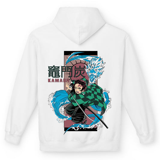 Felpa con cappuccio Bianca Serie Manga Deamon Slayer - Tanjiro con Drago Blu acqua e logo con tasca frontale Anime T-shirt - Retro