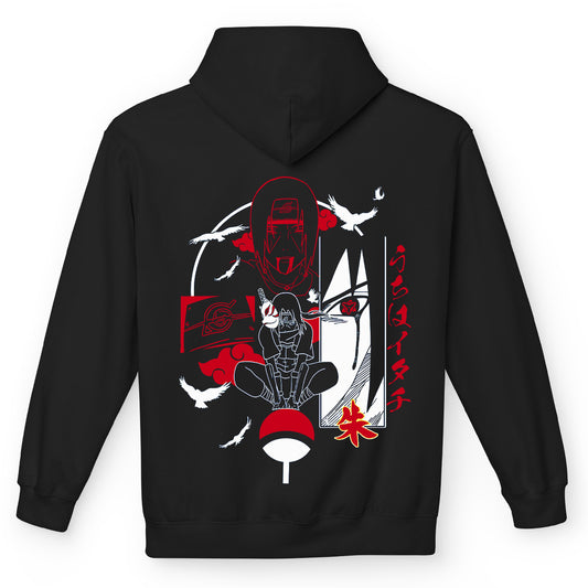 Felpa con cappuccio Nera Serie Manga Naruto Shippuden - Itachi Uchiha e logo con tasca frontale - Retro
