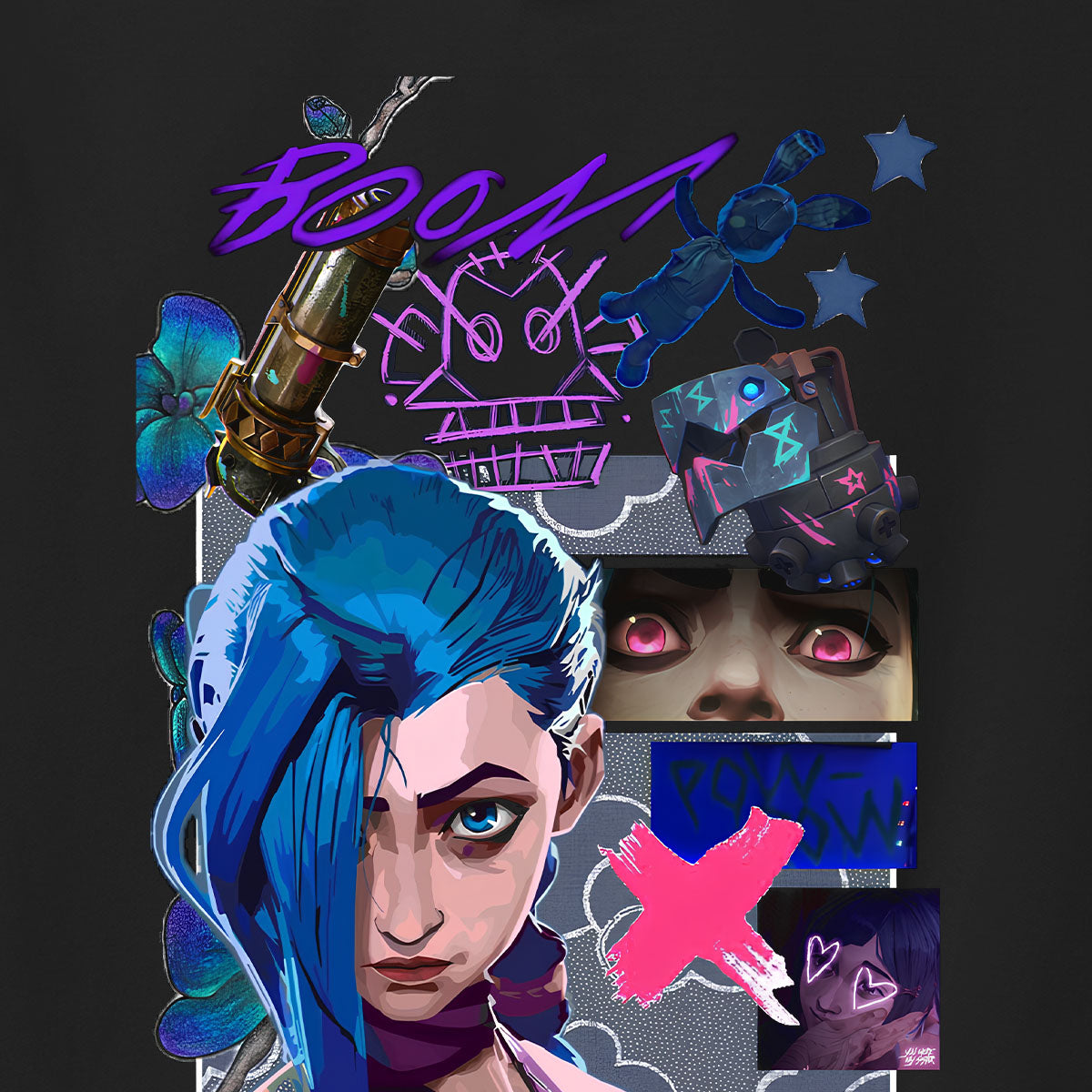 Felpa con cappuccio nera Serie Arcane League of Legends Jinx con tasca frontale Anime T-shirt - Stampa