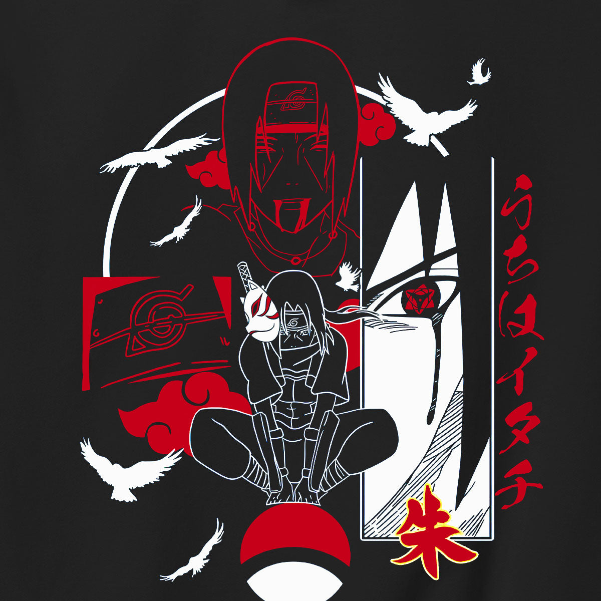 Felpa con cappuccio Nera Serie Manga Naruto Shippuden - Itachi Uchiha e logo con tasca frontale - Stampa