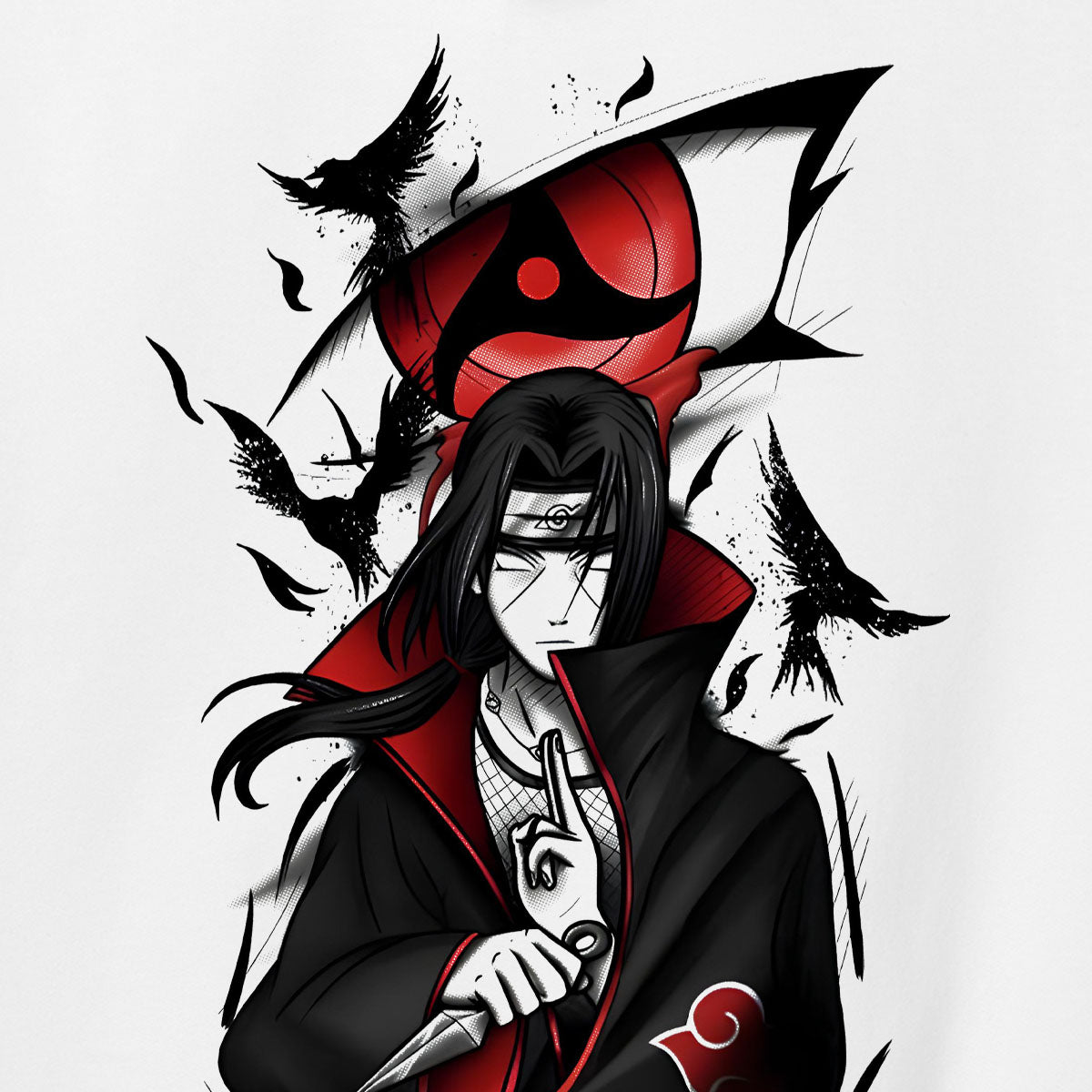 Felpa con cappuccio Bianca Serie Manga Naruto Shippuden - Itachi Uchiha e sharingan con tasca frontale Anime T-shirt - Stampa