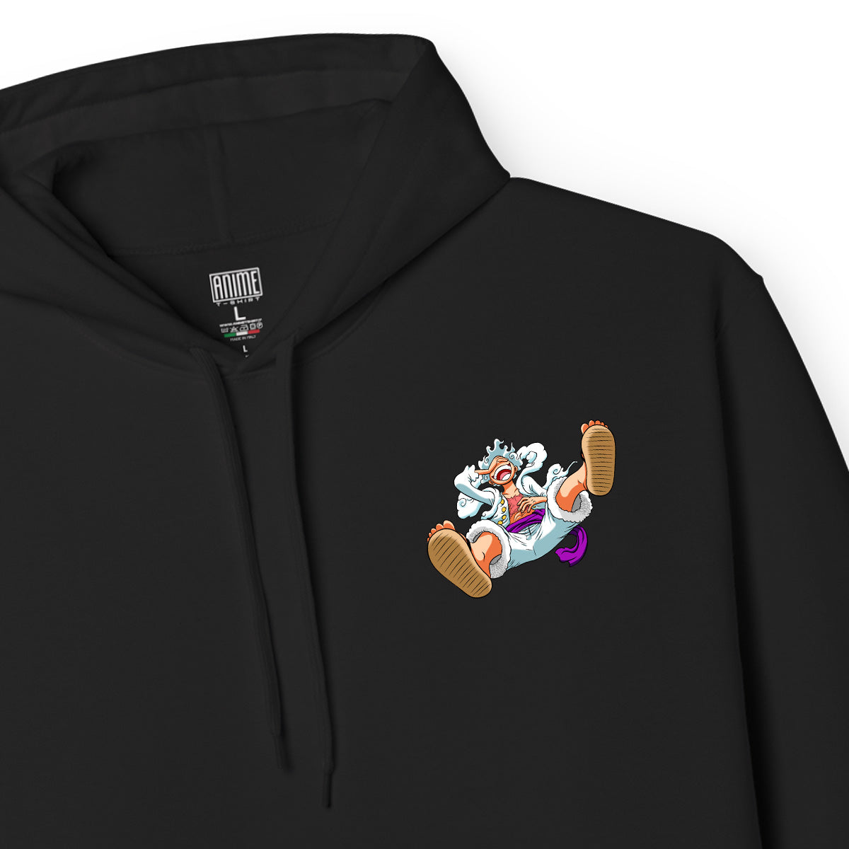 Felpa con cappuccio Nera Serie Manga One Piece -Luffy Gear Five 5 - Monkey D. Rufy con tasca frontale - Dettaglio