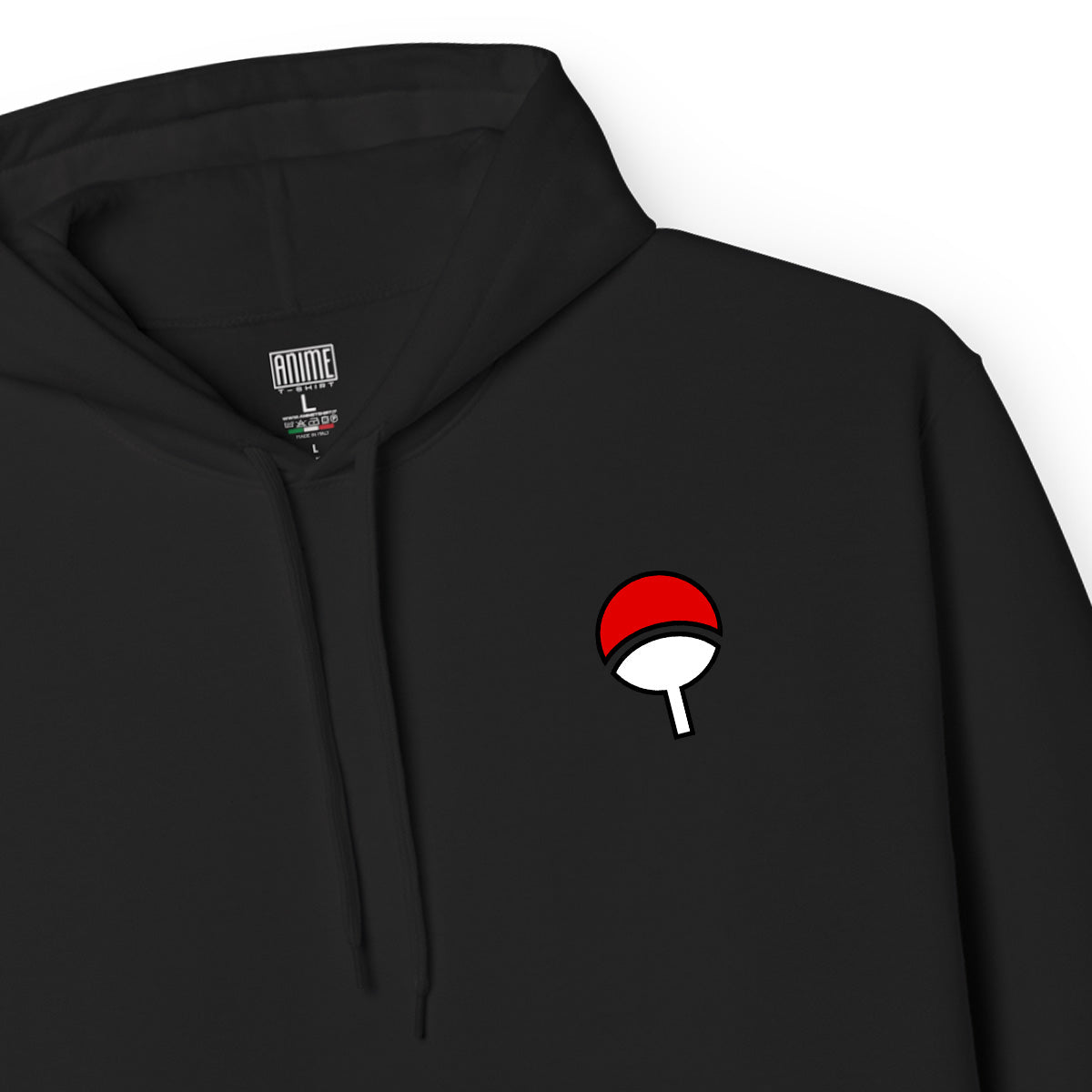 Felpa con cappuccio Nera Serie Manga Naruto Shippuden - Itachi Uchiha e logo con tasca frontale - Dettaglio
