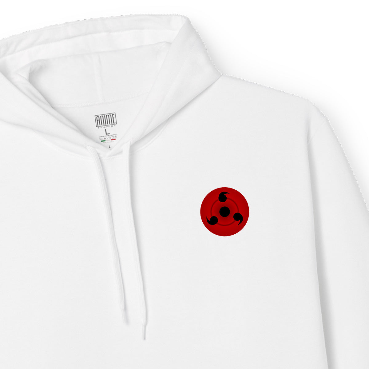 Felpa con cappuccio Bianca Serie Manga Naruto Shippuden - Itachi Uchiha e sharingan con tasca frontale Anime T-shirt - Dettaglio