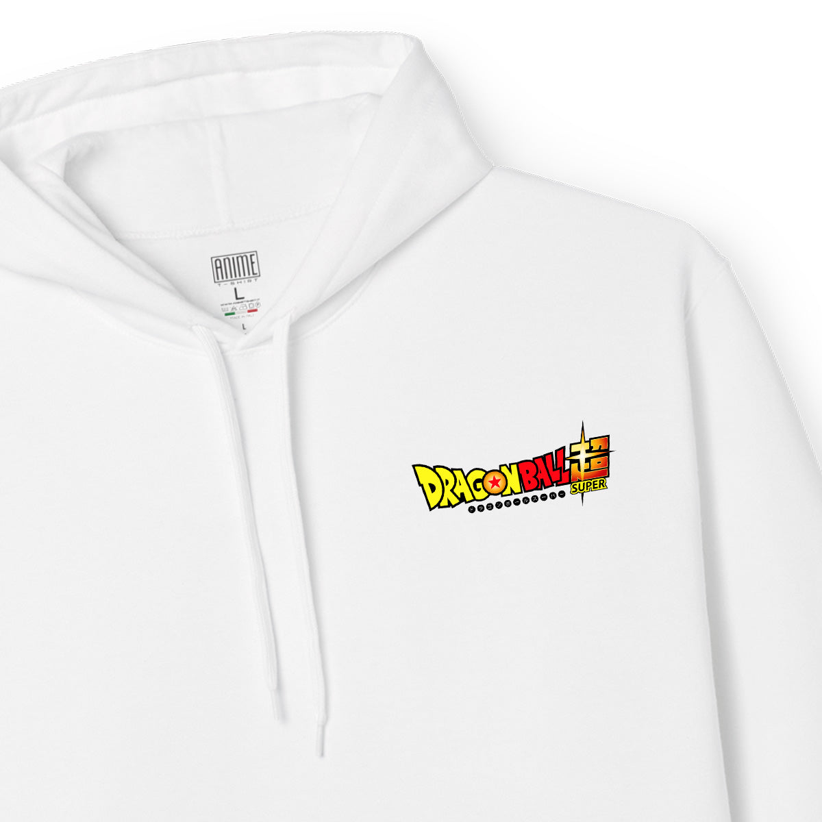 Felpa con cappuccio Bianca Serie Manga Dragon ball z - Super Goku e logo con tasca frontale Anime T-shirt - Dettaglio